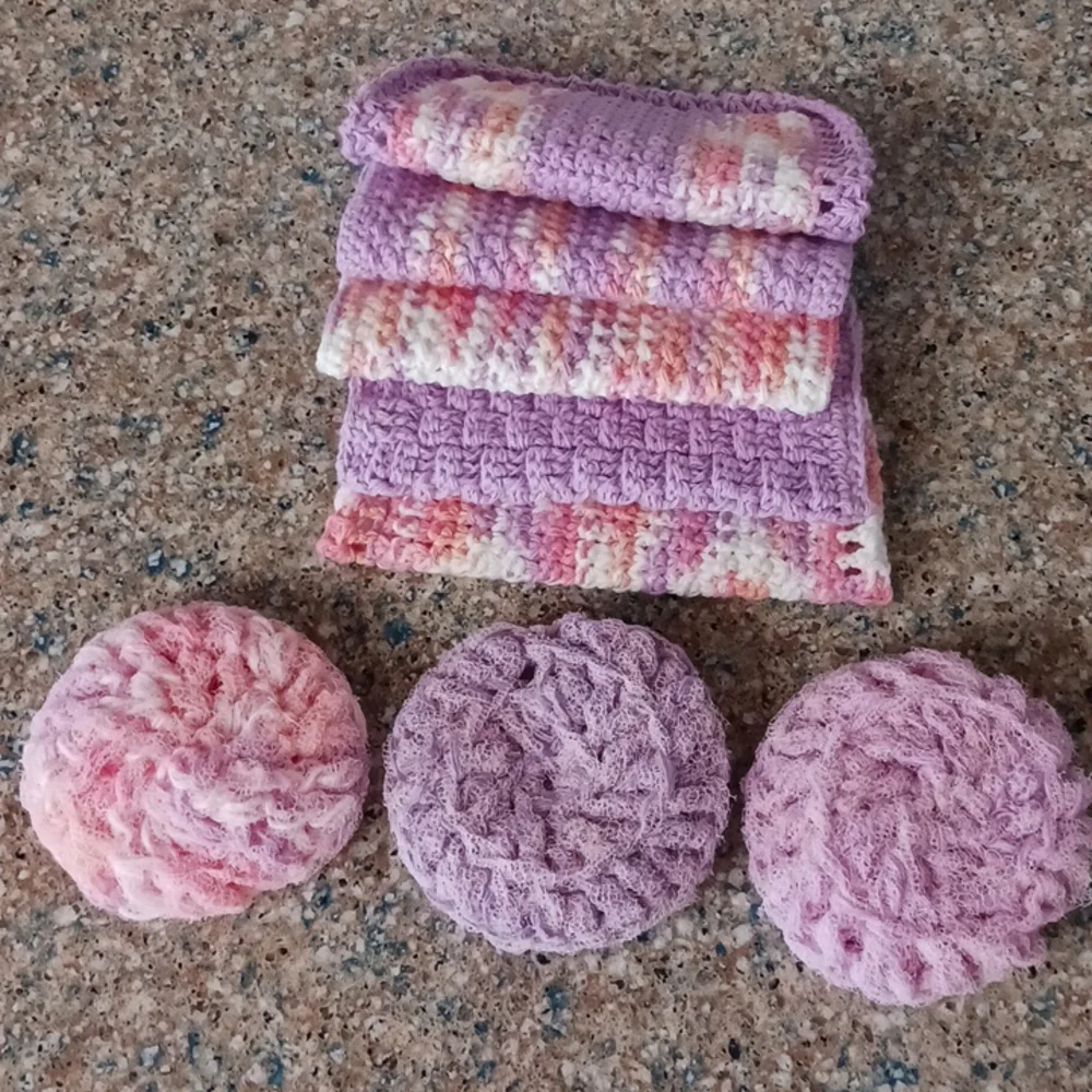 Hostess Set 5 dishcloths 3 scrubbies crochet handmade Purple Pink Spring